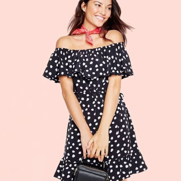 Merona Black White Polka Dot Print Ruffle Off The Shoulder Swing Dress Size L - Picture 2 of 9